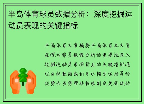 半岛体育球员数据分析：深度挖掘运动员表现的关键指标